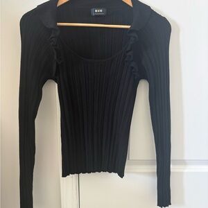 Anthropologie Maeve  Black Ribbed Long-Sleeve Scoop Neck Top with Ruffle Trim M